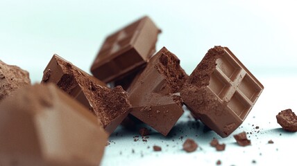 A broken chocolate bar with scattered pieces on a light background, highlighting its simple yet appealing texture.