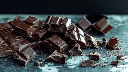 Pieces of broken chocolate, showcasing the contrast between the dark chocolate and the soft surface.