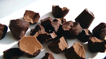A broken chocolate bar with scattered pieces on a light background, highlighting its simple yet appealing texture.