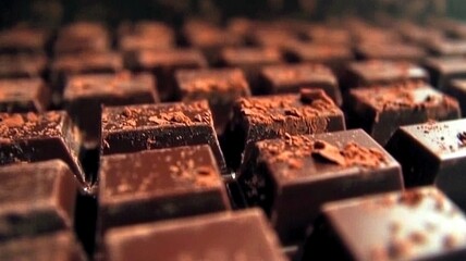 Pieces of broken chocolate, showcasing the contrast between the dark chocolate and the soft surface.