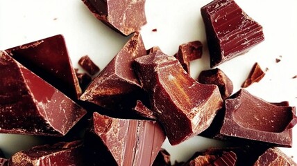 Chunks of broken chocolate laid on a surface, offering a close-up of its rich texture.