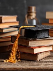 A single graduation cap rests on a wooden table, surrounded by books - success commencement wisdom scholarly