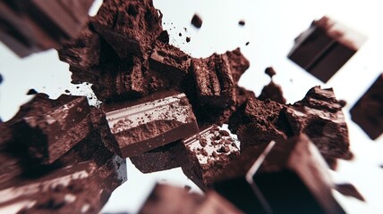 Chunks of broken chocolate laid on a surface, offering a close-up of its rich texture.