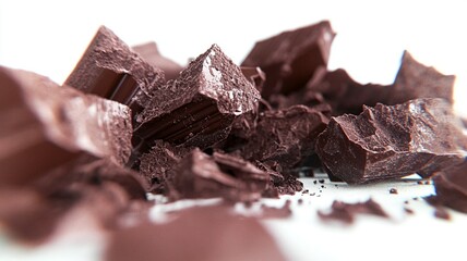 Chunks of broken chocolate on a clean background, capturing the essence of a delicious, rich treat.