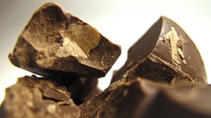 Chunks of broken chocolate on a clean background, capturing the essence of a delicious, rich treat.