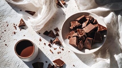 Chunks of broken chocolate laid on a light surface, offering a close-up of its rich texture.