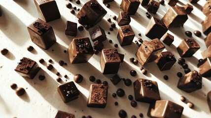 Chunks of broken chocolate laid on a light surface, offering a close-up of its rich texture.