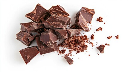 Chunks of broken chocolate on a clean background, capturing the essence of a delicious, rich treat.
