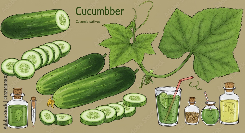 Poster cucumber derivative products featuring fruit leaf structures with juice and oil mockup display for b
