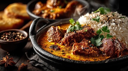 Aromatic curry with rice and garnish