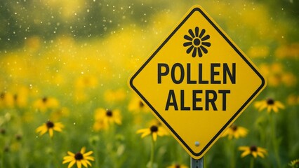 Yellow Pollen Alert Sign Amidst Flower Field During Pollen Season, Generated AI