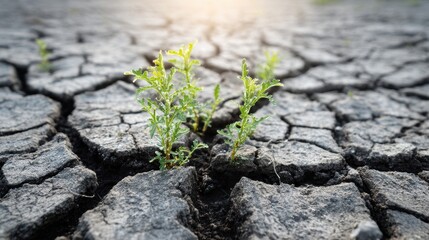 Resilient Green Plant Growing Through Dry Cracked Soil in Arid Environment