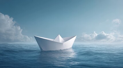 Obraz premium White Paper Boat Floating Calmly on Calm Blue Ocean Under Dramatic Sky with Gentle Clouds