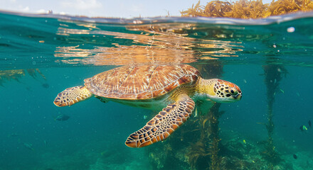 Obraz premium Sea Turtle Swimming Underwater with Algae in Ocean