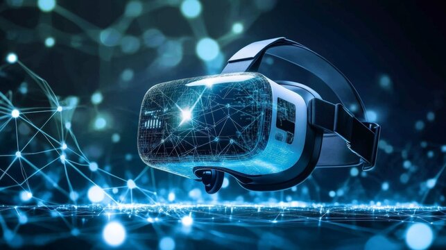 Virtual reality experience with vr headset displaying glowing abstract digital network - Powered by Adobe
