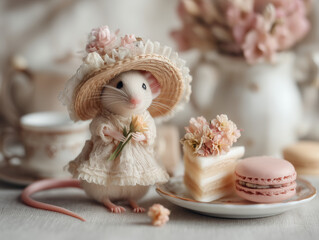 Adorable dressed mouse holding a flower with pastries and tea set in a cozy setting