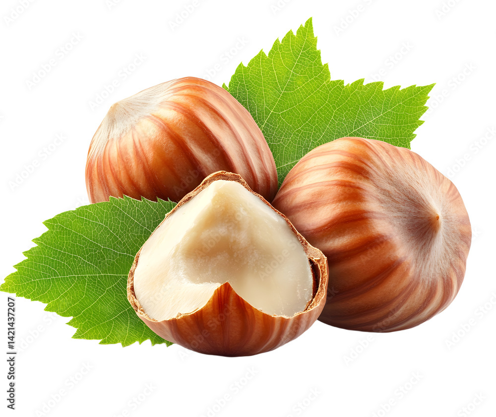Poster hazelnut isolated png. peeled and unpeeled hazelnut with leaf on transparent background. perfect ret