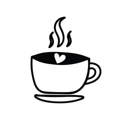 hand-drawn DOODLE illustration of a steaming coffee cup with a heart-shaped detail in the center. Clean black lines on a white background