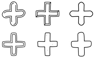 Hand Drawn Plus Sign Icons Vector Set – Bold Medical and Add Symbols in Doodle Style