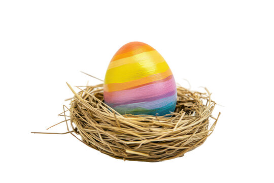 Simple striped pastel Easter egg in shades of yellow, pink, and blue nestled in natural straw nest on black backdrop.