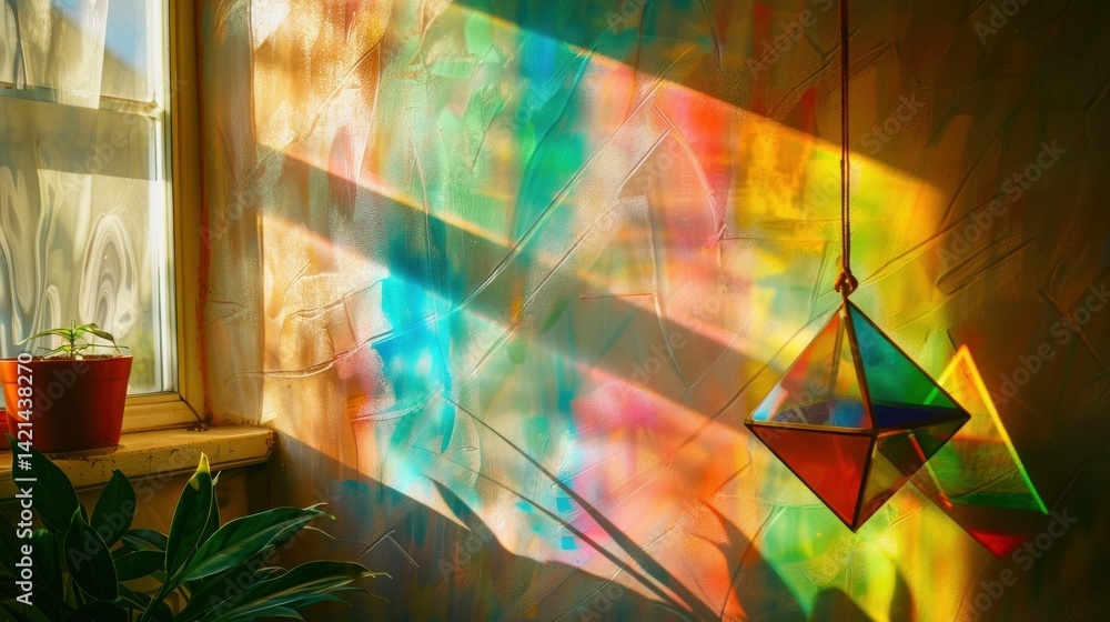 Poster a sunny window with a prism hanging, creating colorful patterns on the wall.