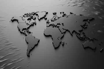 A textured black 3D world map sits on a dark gray background