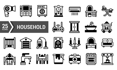 25 Household Icons in Lineal Fill Style.