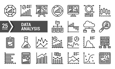 25 Data Analysis Line Icons for Website or App Design.