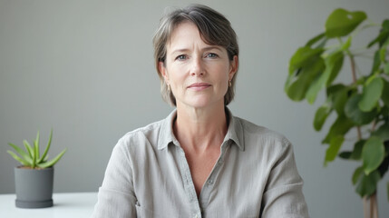 Middle aged woman sitting at desk