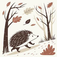 Porcupine Running Through Leaves – Flat Design