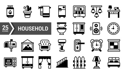 25 Household Icons in Lineal Fill Style.