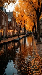 Fototapeta premium Autumn canal scene, vibrant fall colors