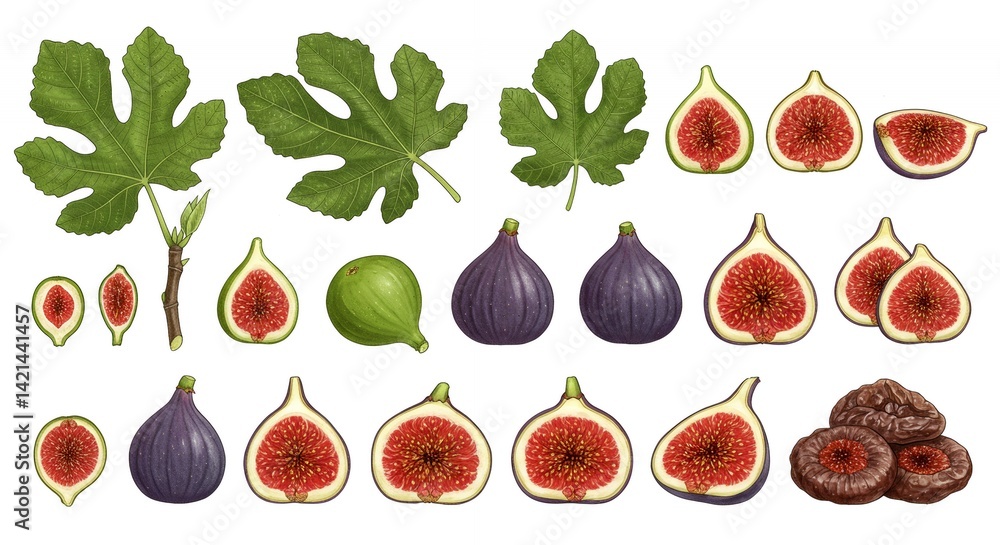 Poster fig ficus carica derivative products mockup highlighting leaf shape and fruit development stages dis