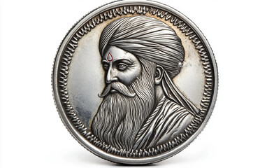 Sacred Silver Coin of Guru Nanak Isolated on white background.