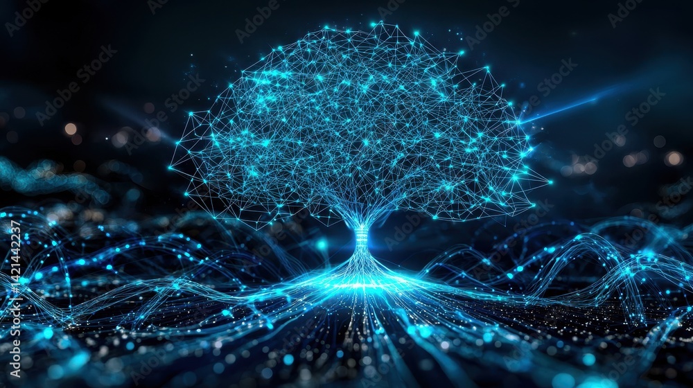 Aufkleber a digital representation of a tree composed of glowing lines and nodes, symbolizing technology and n