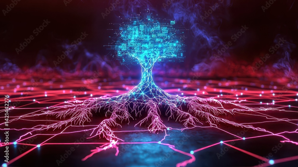 Aufkleber a digital tree with glowing roots and branches, symbolizing technology and connectivity on a grid-li