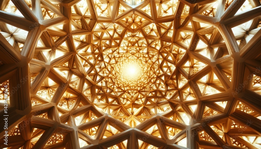 Poster intricate geometric wooden structure with symmetrical patterns and radiant light