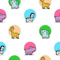 vector seamless pattern with cute safari animals elephant, zebra, hippopotamus, giraffe