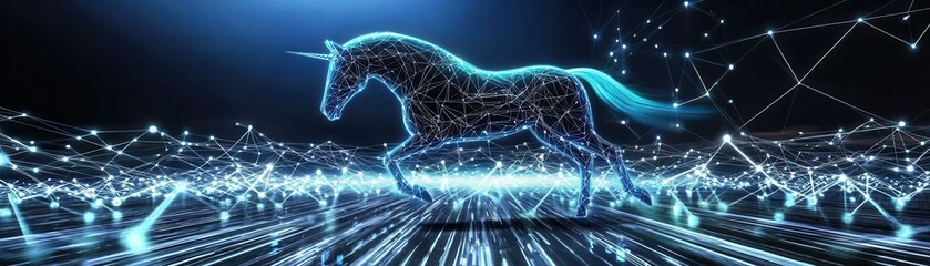 A glowing, digital unicorn gallops through a futuristic landscape, surrounded by a web of interconnected lights and patterns.