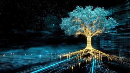 A digital tree glows against a starry background, intertwined with circuitry, symbolizing the fusion of nature and technology.
