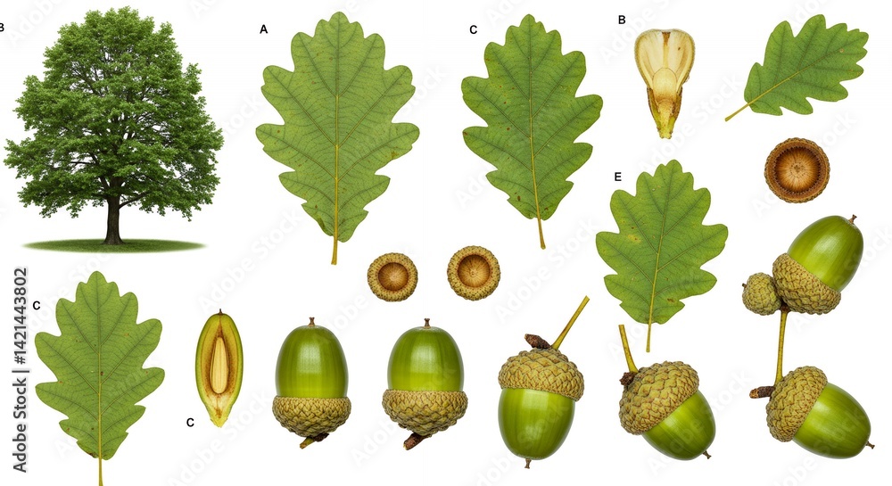 Poster oak tree quercus robur derivative products isolated on white background showcasing detailed leaf sha