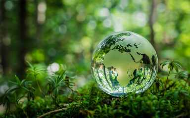 Crystal Globe On Moss Illustrating Environmental Conservation And Awareness In A Lush Green Forest Promoting Sustainability And Global Responsibility