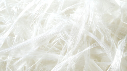 Ultra-realistic close-up of tightly packed, tangled recycled PET fibers from plastic bottles. Fine-textured, slightly glossy with subtle translucency, showcasing eco-friendly beauty in photorealistic 