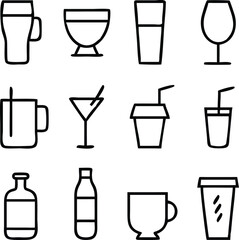 Drink Icon Set Vector | Beverage, Glassware & Refreshment Line Art Collection