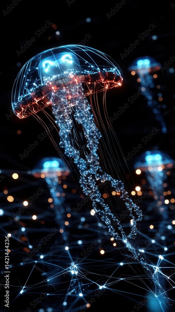Poster a digital representation of jellyfish floating through a dark, illuminated environment, showcasing i