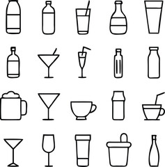 Drink Icon Set Vector | Beverage, Glassware & Refreshment Line Art Collection