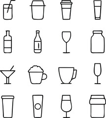Drink Icon Set Vector | Beverage, Glassware & Refreshment Line Art Collection