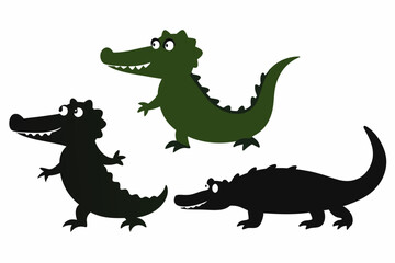 set of cartoon crocodile vector silhouette illustration isolated on white background