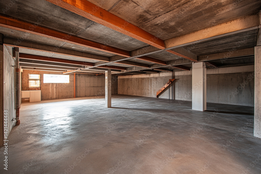 Poster empty unfinished basement large open space concrete floor and walls exposed beams and support column