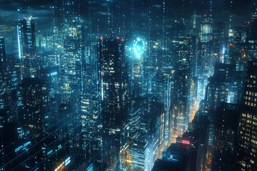 Fototapeta premium Futuristic city skyline at night digital data streams flow between buildings